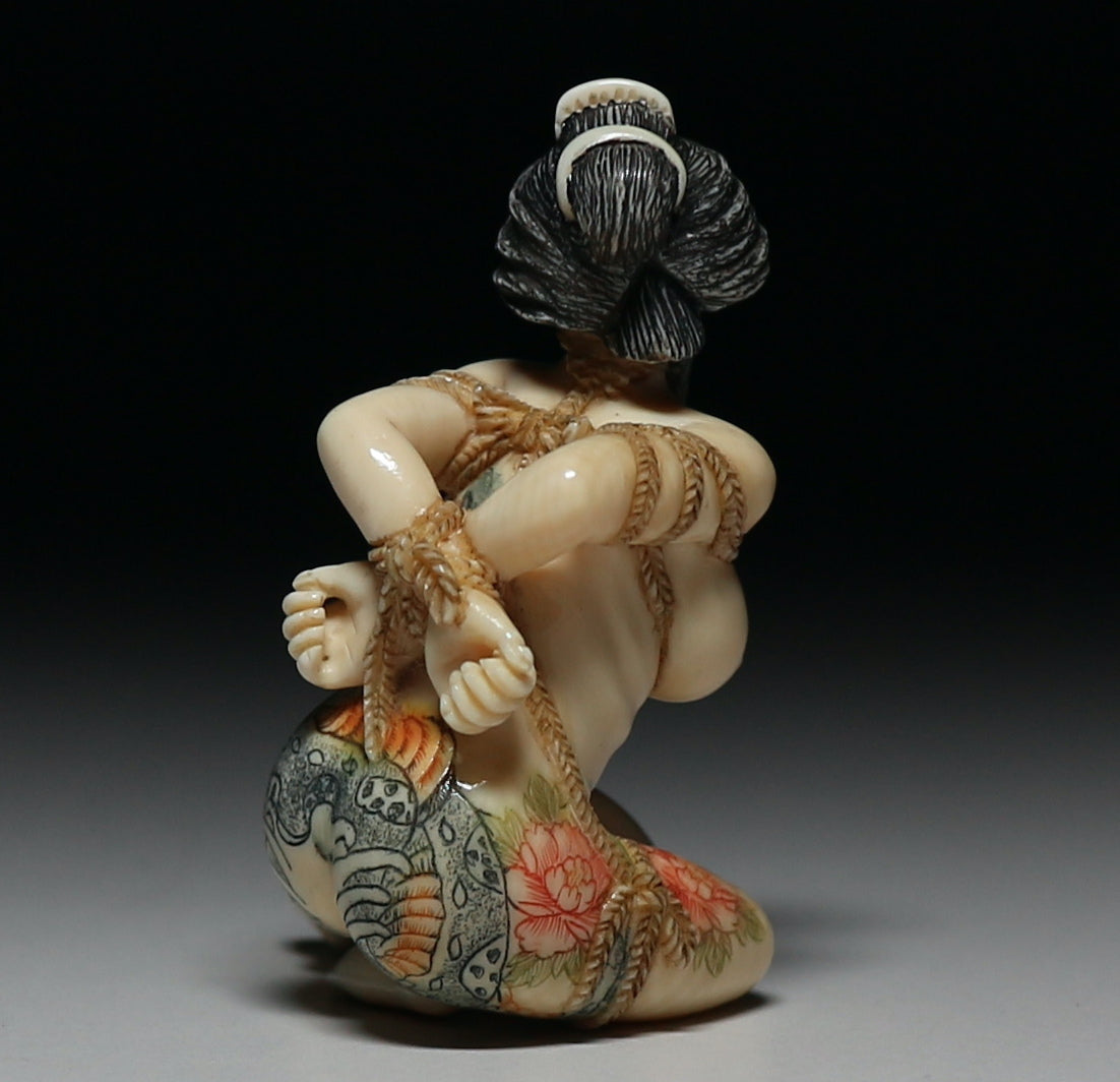 Japanese Shunga Erotic Sculpture in Mammoth Ivory — Rope-Bound Rope Bondage Shibari Art Female Figure, Hand-Carved Art Object