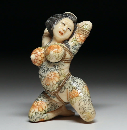 Japanese Shunga Erotic Sculpture in Mammoth Ivory — Hand-Carved Figural Nude in Shibari Rope Bondage Art, Modern Masterwork