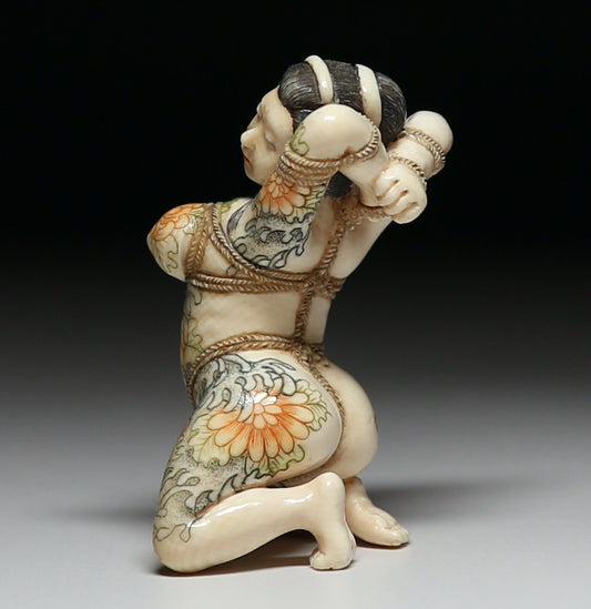Japanese Shunga Erotic Sculpture in Mammoth Ivory — Hand-Carved Figural Nude in Shibari Rope Bondage Art, Modern Masterwork
