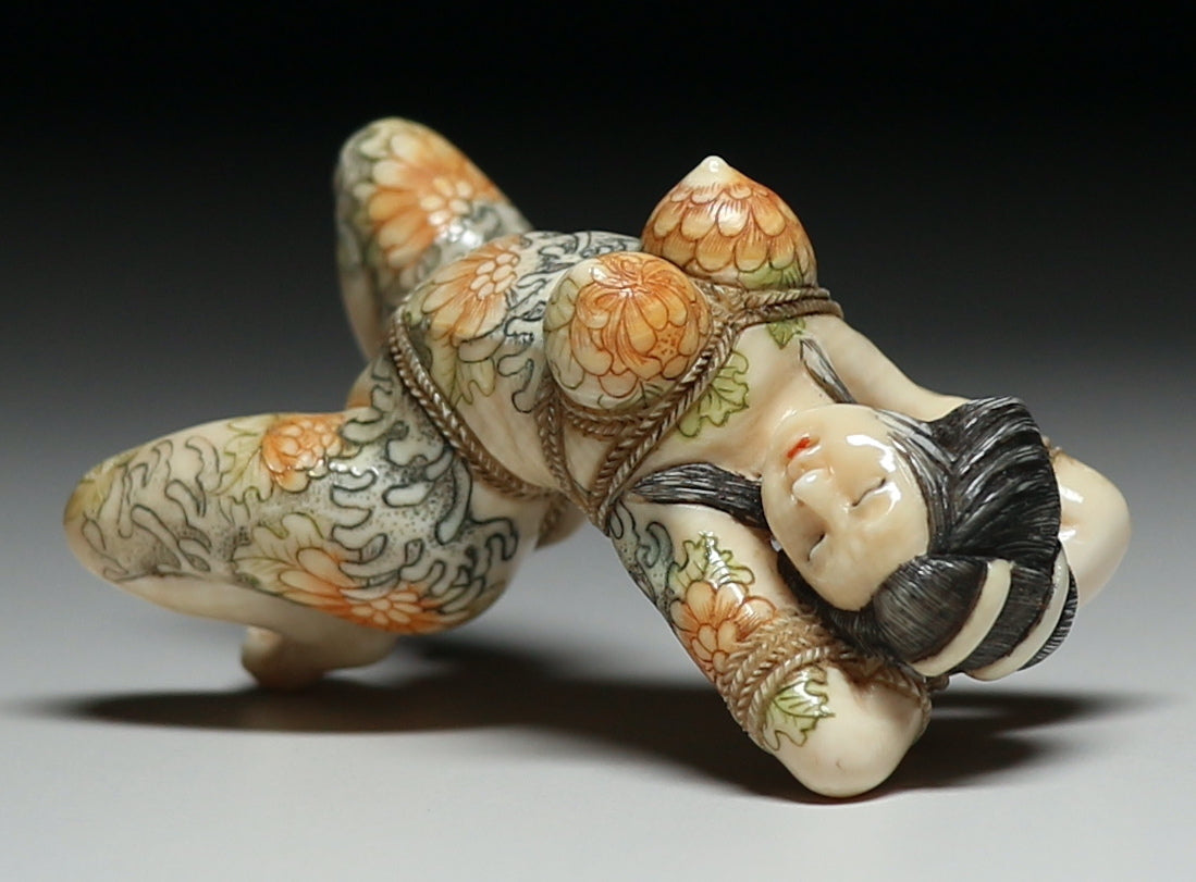 Japanese Shunga Erotic Sculpture in Mammoth Ivory — Hand-Carved Figural Nude in Shibari Rope Bondage Art, Modern Masterwork