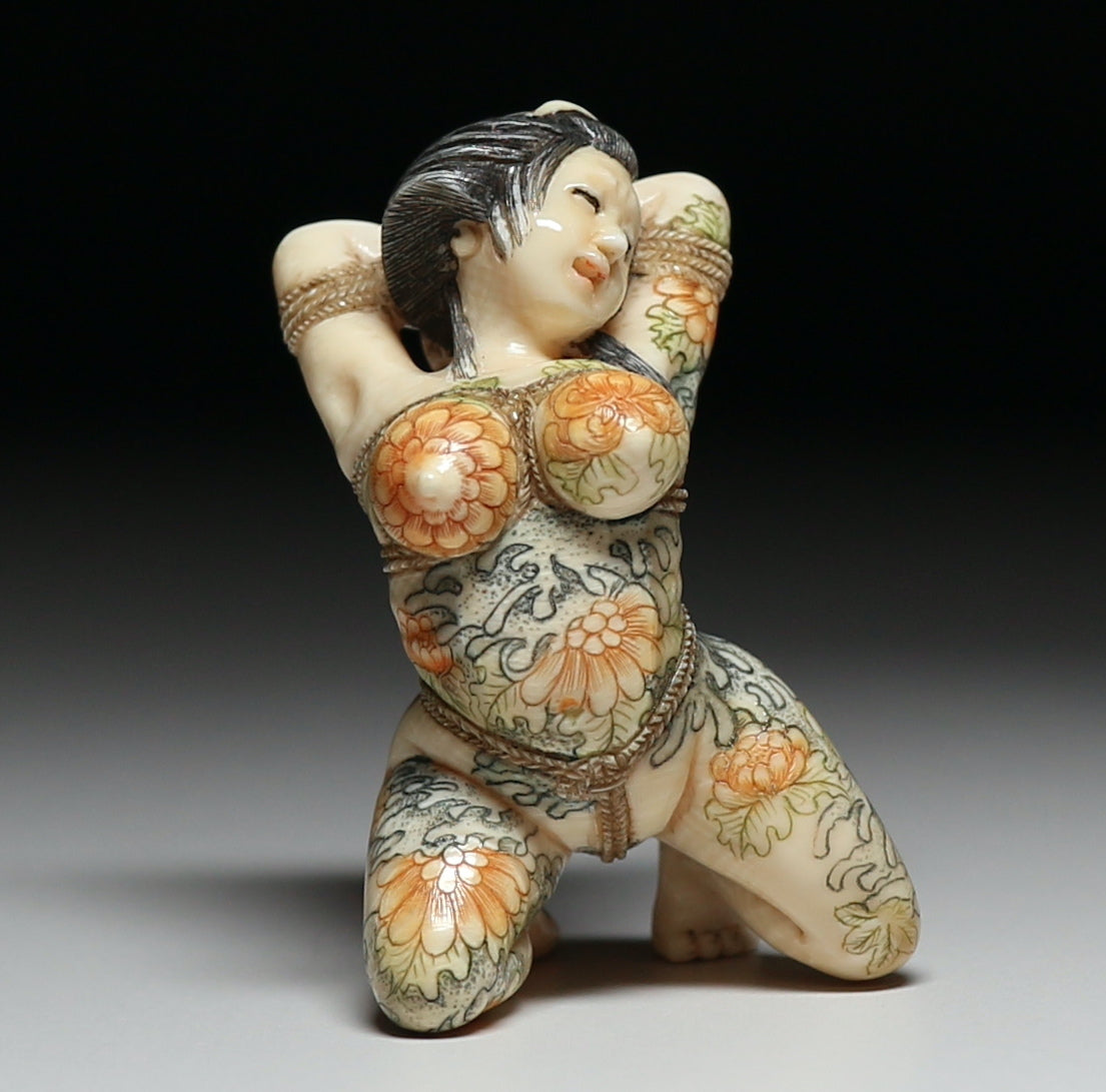 Japanese Shunga Erotic Sculpture in Mammoth Ivory — Hand-Carved Figural Nude in Shibari Rope Bondage Art, Modern Masterwork