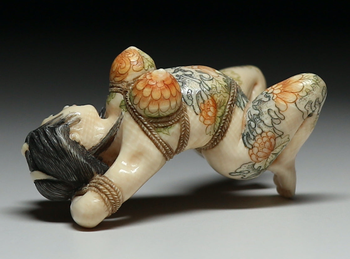 Japanese Shunga Erotic Sculpture in Mammoth Ivory — Hand-Carved Figural Nude in Shibari Rope Bondage Art, Modern Masterwork