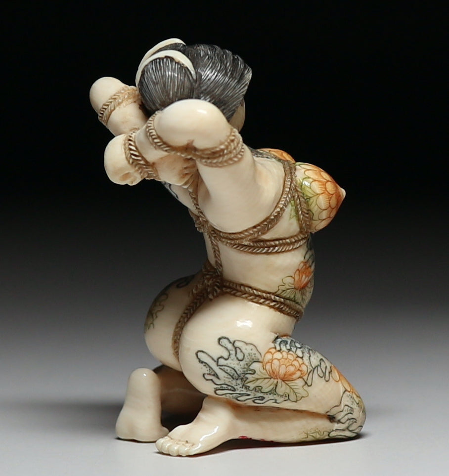 Japanese Shunga Erotic Sculpture in Mammoth Ivory — Hand-Carved Figural Nude in Shibari Rope Bondage Art, Modern Masterwork