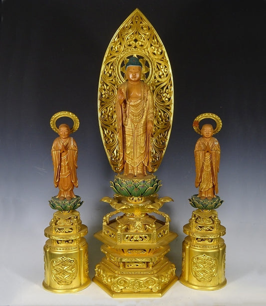 Jodo Shinshu Amida Triad (Standing Amida + Zendo Shonin + Hosen Shonin) — Carved Wood with Gilt Surfaces and Lotus Bases, Large Central Icon (47 cm) with Two 30 cm Attendants