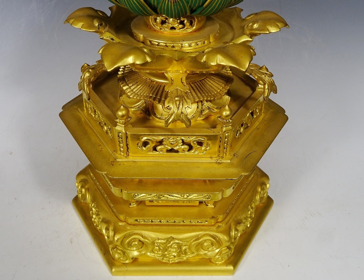 Jodo Shinshu Amida Triad (Standing Amida + Zendo Shonin + Hosen Shonin) — Carved Wood with Gilt Surfaces and Lotus Bases, Large Central Icon (47 cm) with Two 30 cm Attendants