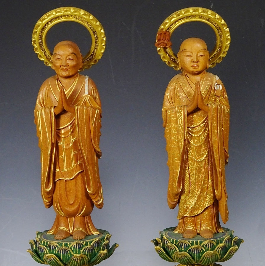 Jodo Shinshu Amida Triad (Standing Amida + Zendo Shonin + Hosen Shonin) — Carved Wood with Gilt Surfaces and Lotus Bases, Large Central Icon (47 cm) with Two 30 cm Attendants