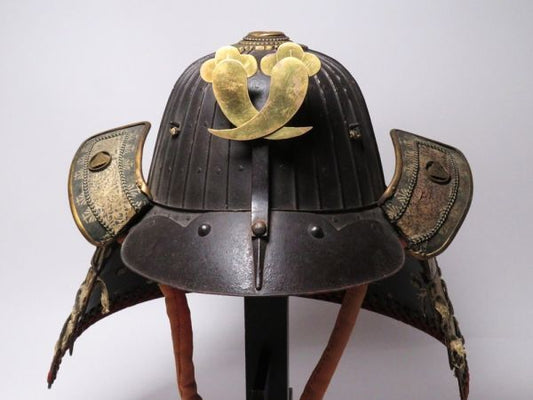 Authentic Edo Period Japanese Samurai Kabuto Helmet — Signed Bizen Muneji — Iron Plate Bowl with Gilt Maedate Crest and Shikoro Neck Guard, Museum-Grade Armor