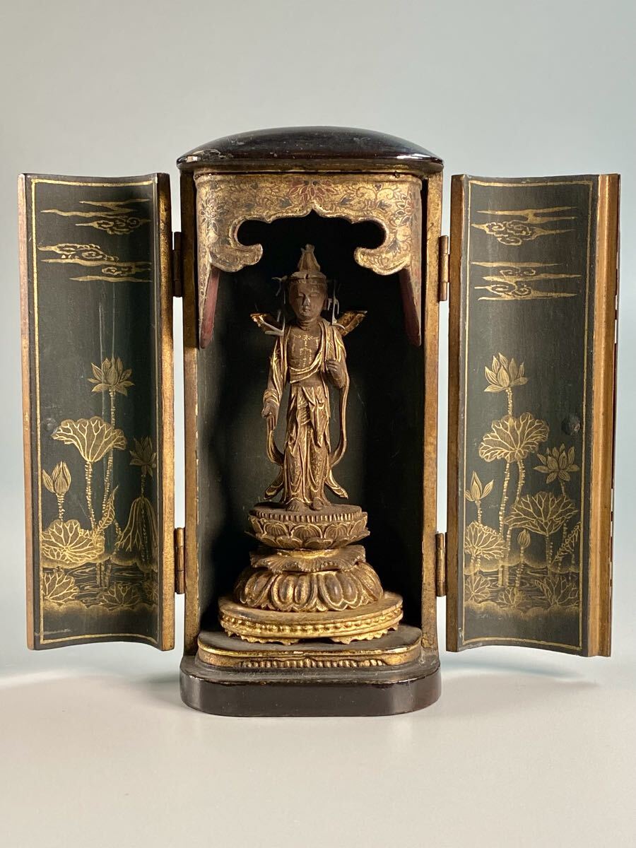 Portable Black Lacquer Zushi Travel Shrine with Gilt Lotus Doors & Miniature Kannon Figure (6cm) — Edo Period Style Buddhist Altar