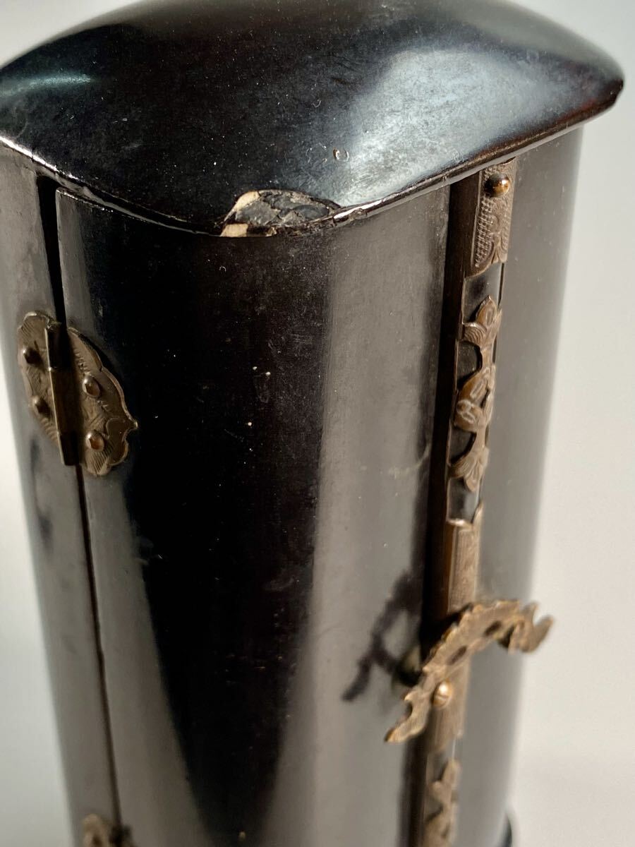 Portable Black Lacquer Zushi Travel Shrine with Gilt Lotus Doors & Miniature Kannon Figure (6cm) — Edo Period Style Buddhist Altar