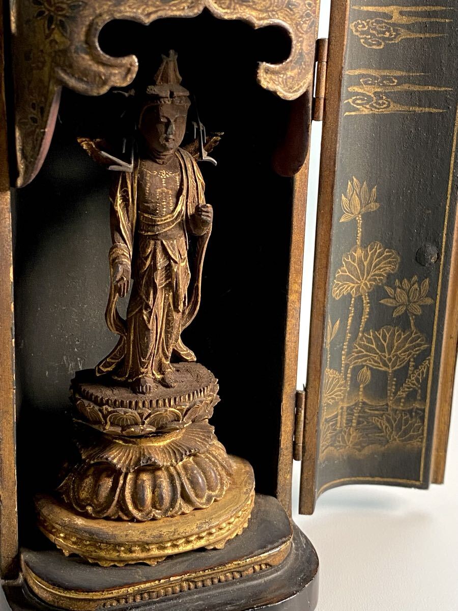 Portable Black Lacquer Zushi Travel Shrine with Gilt Lotus Doors & Miniature Kannon Figure (6cm) — Edo Period Style Buddhist Altar
