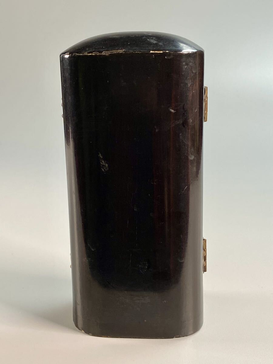 Portable Black Lacquer Zushi Travel Shrine with Gilt Lotus Doors & Miniature Kannon Figure (6cm) — Edo Period Style Buddhist Altar