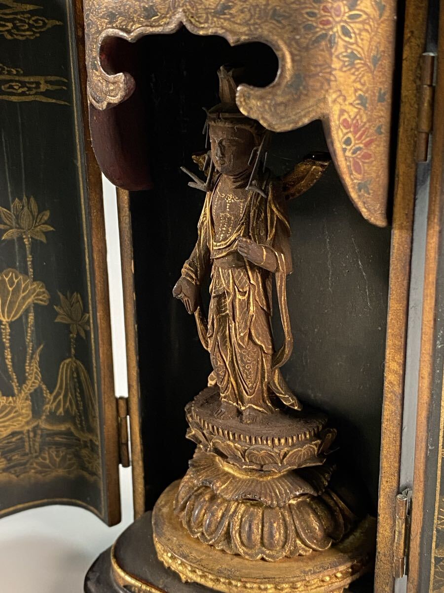 Portable Black Lacquer Zushi Travel Shrine with Gilt Lotus Doors & Miniature Kannon Figure (6cm) — Edo Period Style Buddhist Altar