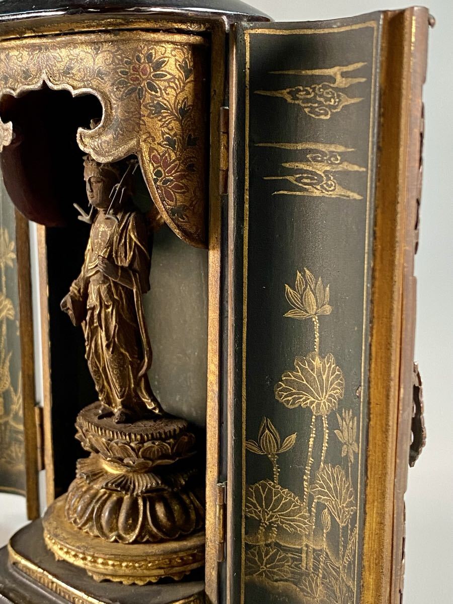 Portable Black Lacquer Zushi Travel Shrine with Gilt Lotus Doors & Miniature Kannon Figure (6cm) — Edo Period Style Buddhist Altar