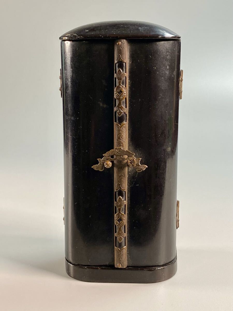 Portable Black Lacquer Zushi Travel Shrine with Gilt Lotus Doors & Miniature Kannon Figure (6cm) — Edo Period Style Buddhist Altar