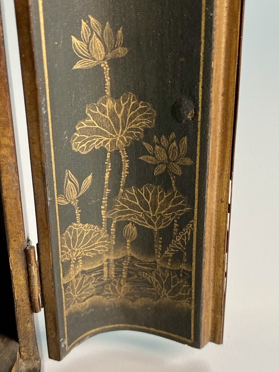 Portable Black Lacquer Zushi Travel Shrine with Gilt Lotus Doors & Miniature Kannon Figure (6cm) — Edo Period Style Buddhist Altar