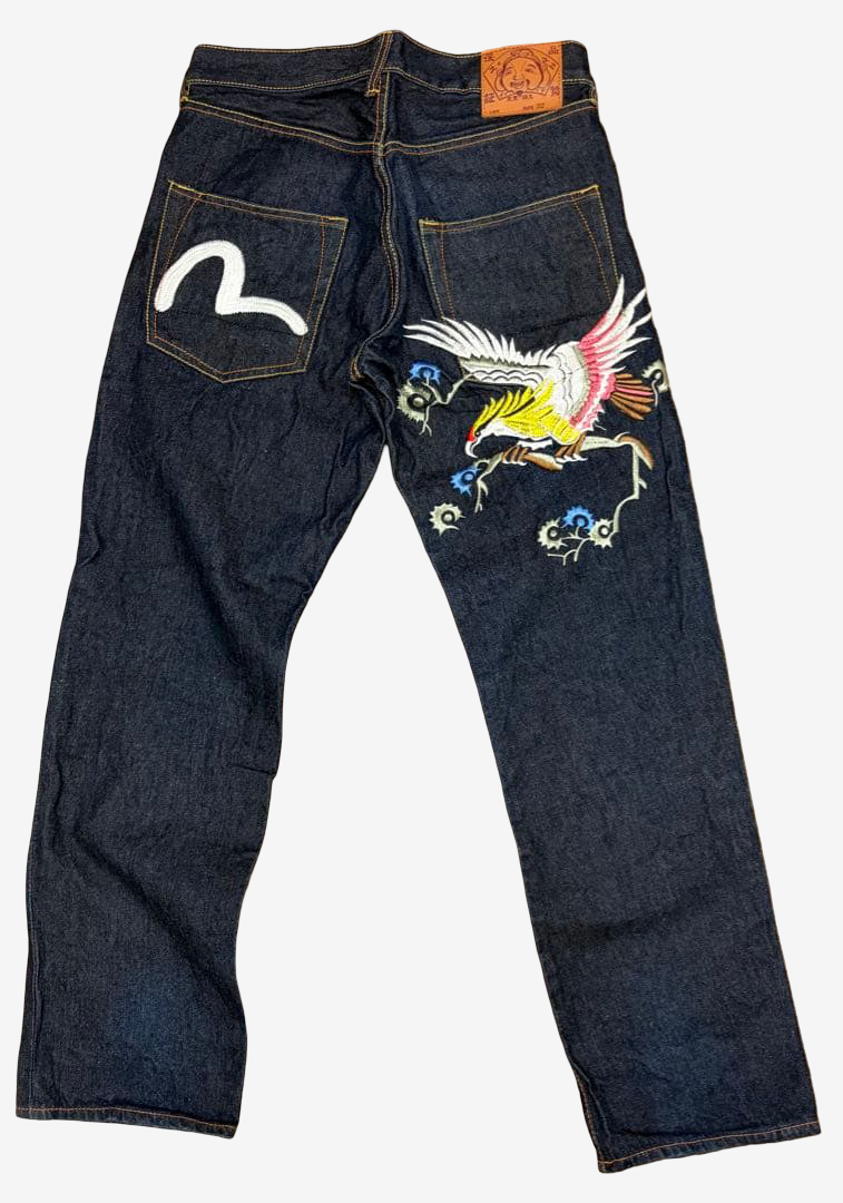 Rare EVISU / Yamane Japanese Denim Jeans • Size 32 • Crane / Tsuru Bird Embroidery • White Seagull Kamome Pocket Mark • Dark Indigo • Japanese Streetwear • Collectible Y2K Denim
