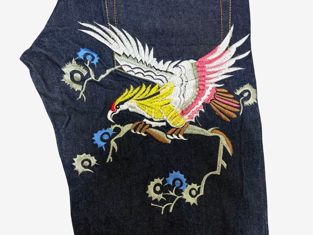 Rare EVISU / Yamane Japanese Denim Jeans • Size 32 • Crane / Tsuru Bird Embroidery • White Seagull Kamome Pocket Mark • Dark Indigo • Japanese Streetwear • Collectible Y2K Denim