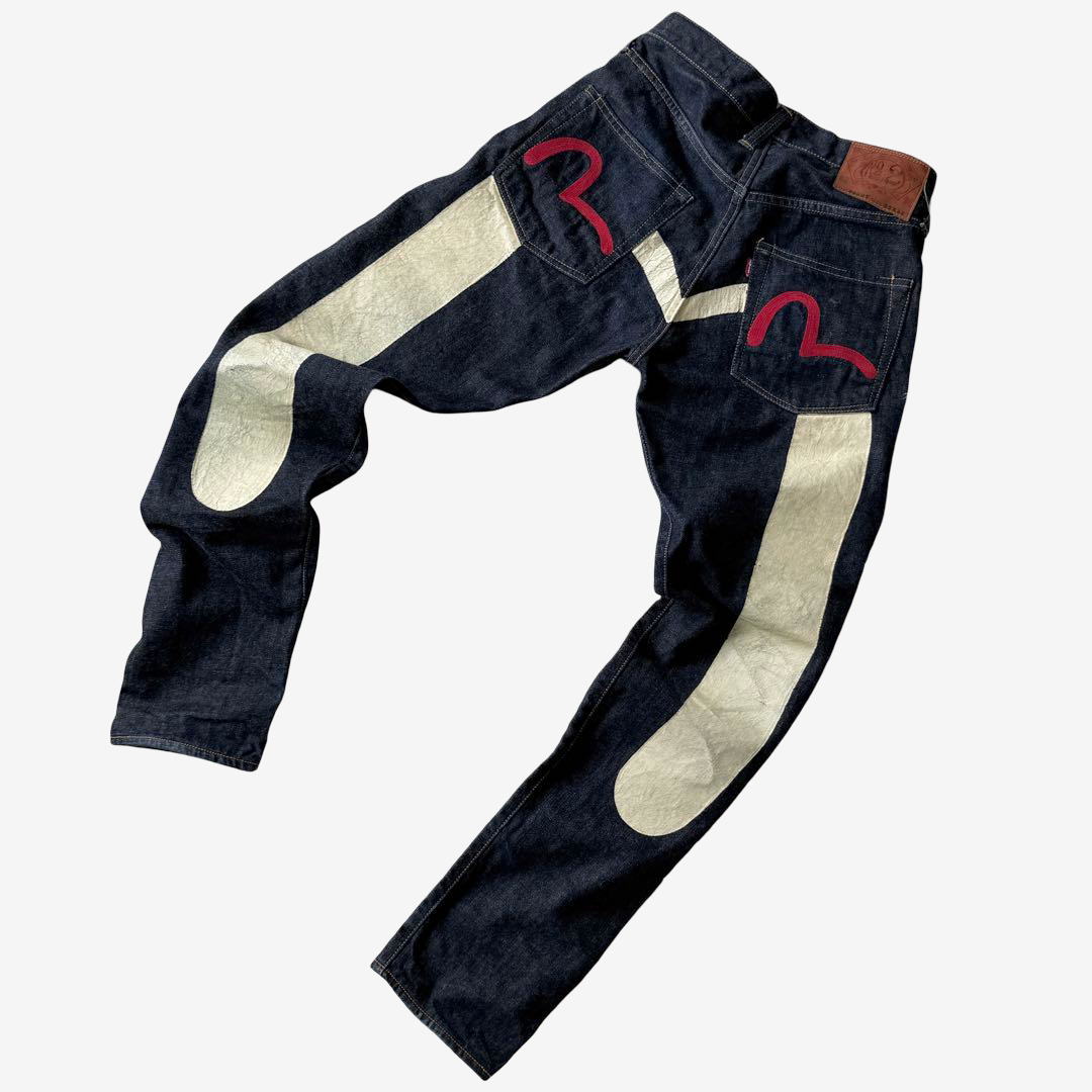 Vintage EVISU YAMANE Made in Japan Riding Panel Denim Jeans W32 Dark Indigo Red Kamome