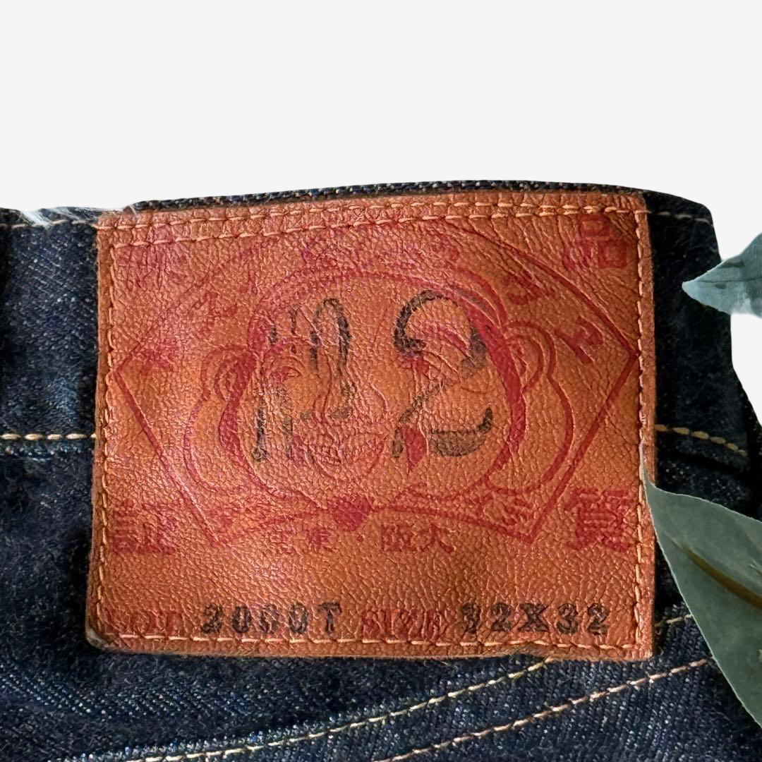 Vintage EVISU YAMANE Made in Japan Riding Panel Denim Jeans W32 Dark Indigo Red Kamome