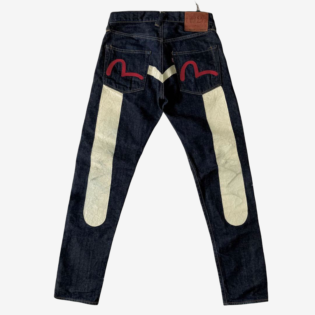 Vintage EVISU YAMANE Made in Japan Riding Panel Denim Jeans W32 Dark Indigo Red Kamome