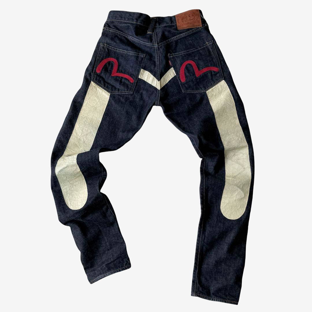 Vintage EVISU YAMANE Made in Japan Riding Panel Denim Jeans W32 Dark Indigo Red Kamome