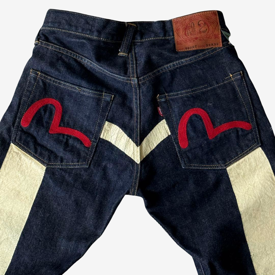 Vintage EVISU YAMANE Made in Japan Riding Panel Denim Jeans W32 Dark Indigo Red Kamome