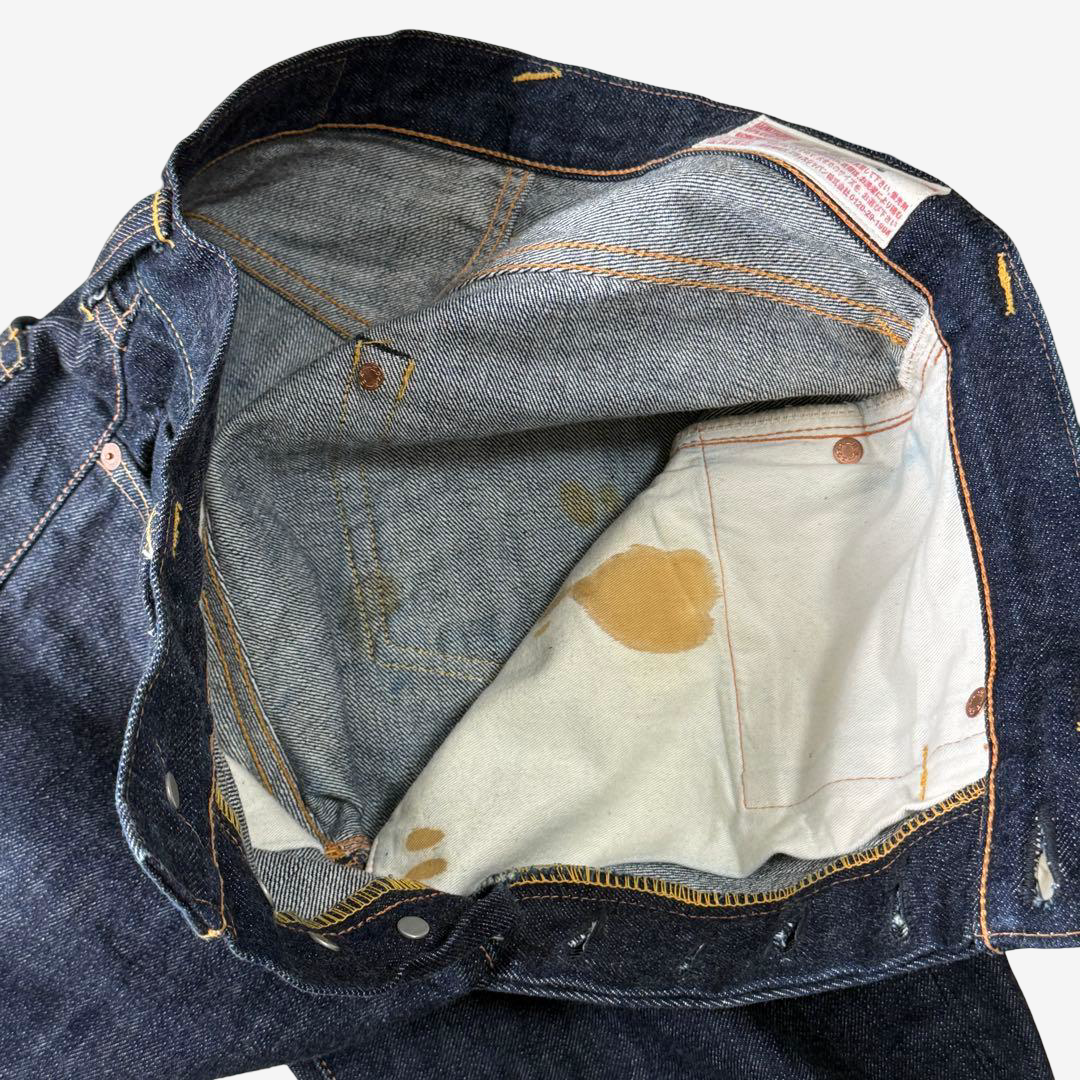 Vintage EVISU YAMANE Made in Japan Riding Panel Denim Jeans W32 Dark Indigo Red Kamome