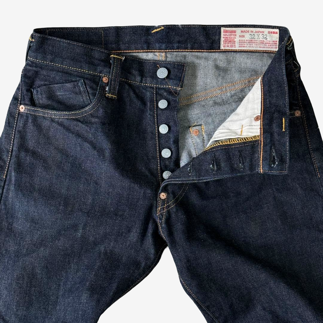 Vintage EVISU YAMANE Made in Japan Riding Panel Denim Jeans W32 Dark Indigo Red Kamome