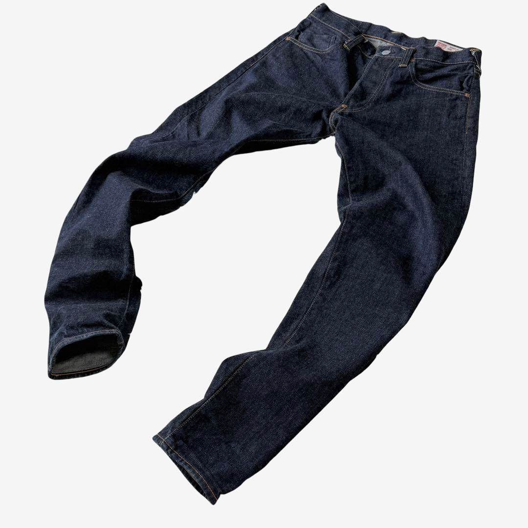 Vintage EVISU YAMANE Made in Japan Riding Panel Denim Jeans W32 Dark Indigo Red Kamome