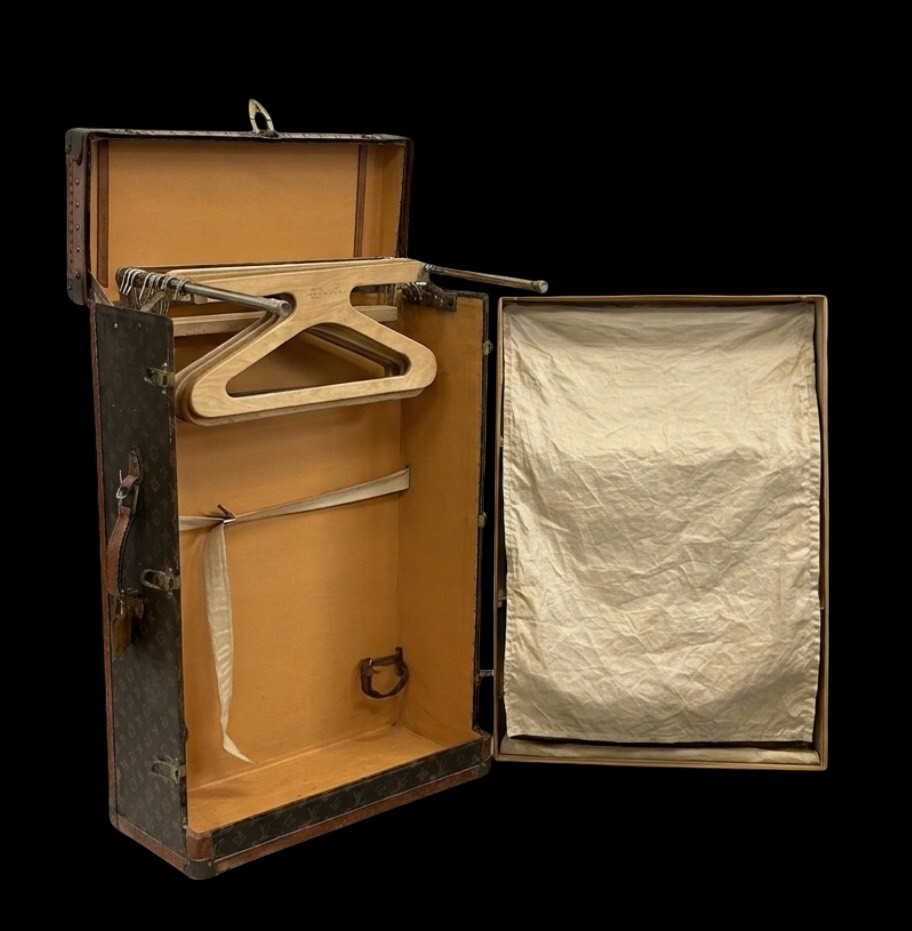 LOUIS VUITTON Antique Monogram Wardrobe Trunk Early 20th Century Large Upright Travel Cabin Chest Initialed F.R.G.