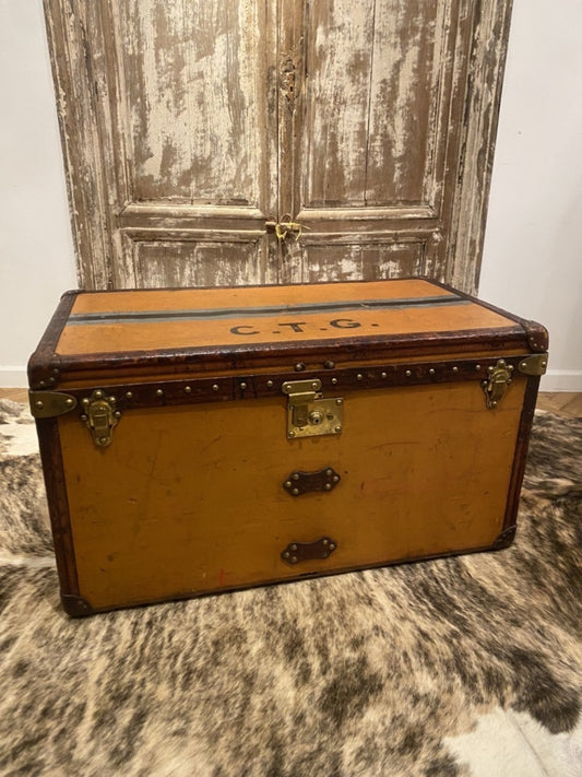 Louis Vuitton Ochre Canvas Travel Trunk No. 188555, Blue & Black Stripes, Initials C.T.G., Circa 1910s
