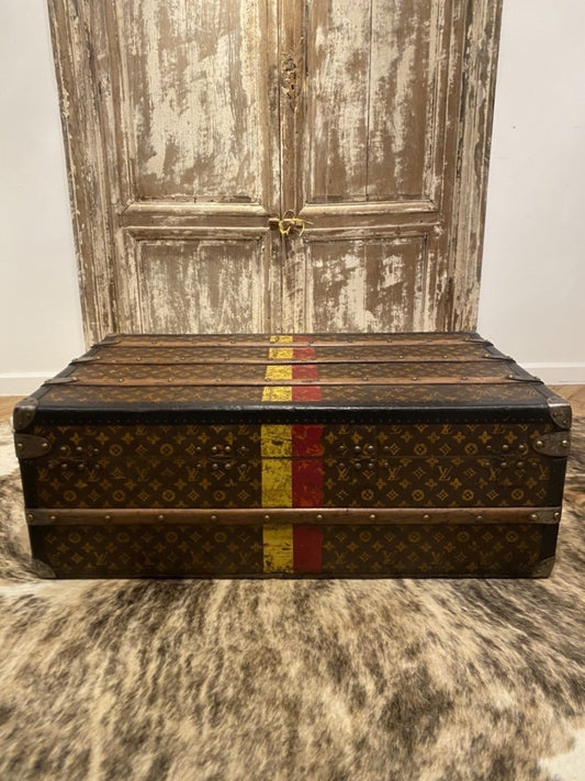 Louis Vuitton Monogram Travel Trunk with Red & Yellow Stripe and Period Label, France, 1940s, 90 cm