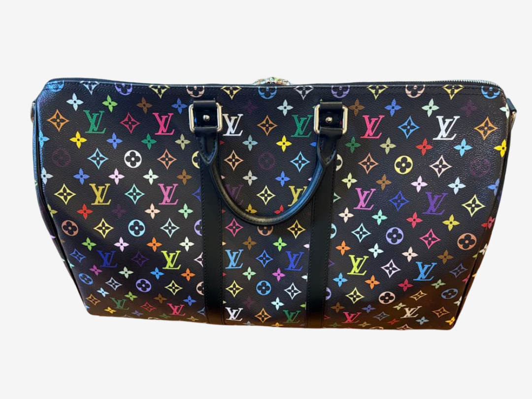 Louis Vuitton x Takashi Murakami Keepall 50 Black Multicolor Monogram Anniversary Variant Collector Travel Bag Full Set
