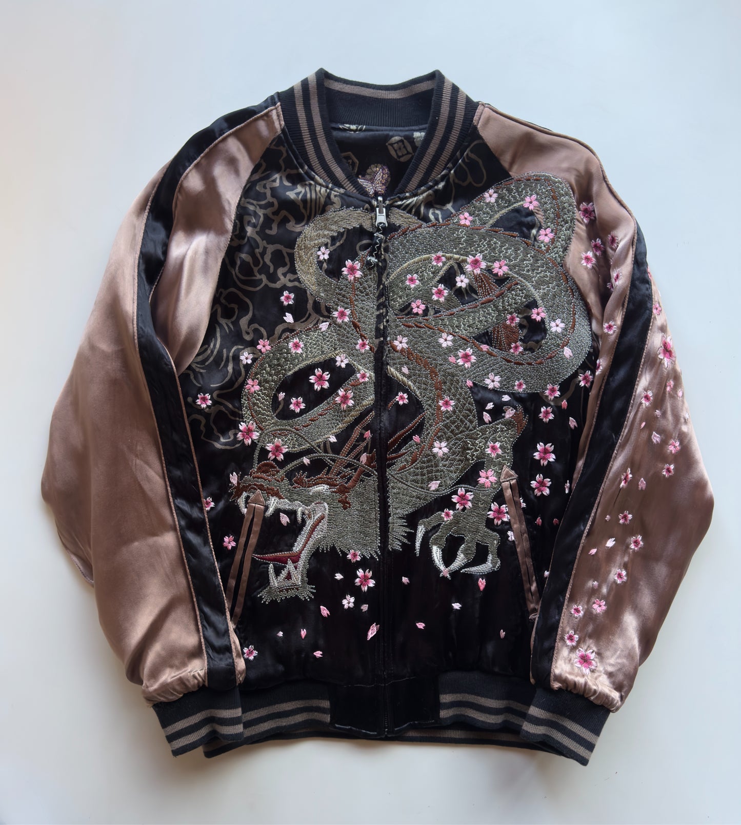 Miyabi Musubi Reversible Dragon Phoenix Sukajan Jacket XL Sakura Embroidery, Black Bronze Japanese Souvenir Bomber with Cranes Rabbits Shishi