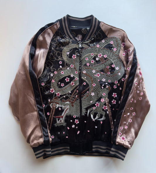 Miyabi Musubi Reversible Dragon Phoenix Sukajan Jacket XL Sakura Embroidery, Black Bronze Japanese Souvenir Bomber with Cranes Rabbits Shishi