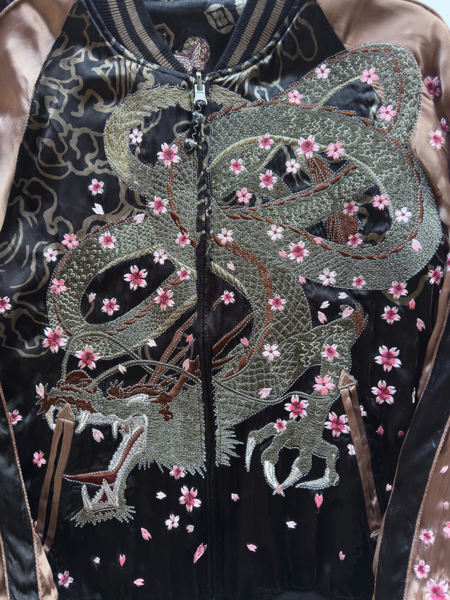 Miyabi Musubi Reversible Dragon Phoenix Sukajan Jacket XL Sakura Embroidery, Black Bronze Japanese Souvenir Bomber with Cranes Rabbits Shishi