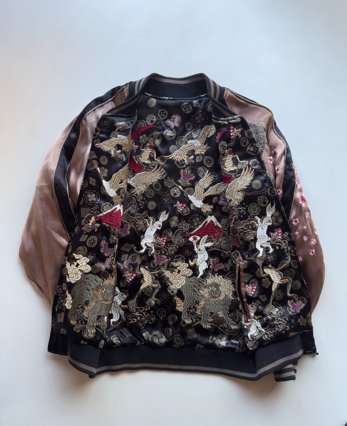 Miyabi Musubi Reversible Dragon Phoenix Sukajan Jacket XL Sakura Embroidery, Black Bronze Japanese Souvenir Bomber with Cranes Rabbits Shishi