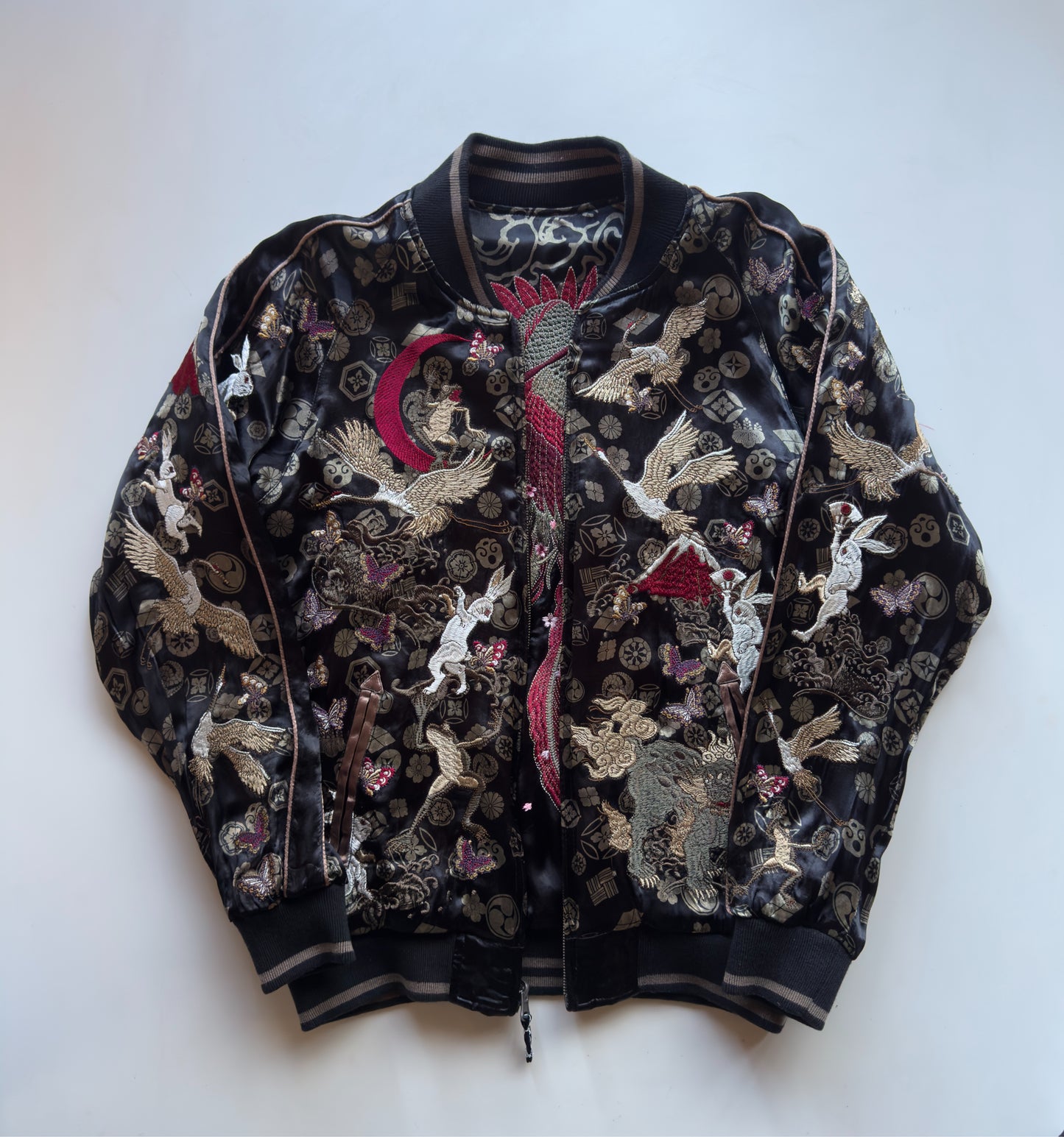 Miyabi Musubi Reversible Dragon Phoenix Sukajan Jacket XL Sakura Embroidery, Black Bronze Japanese Souvenir Bomber with Cranes Rabbits Shishi