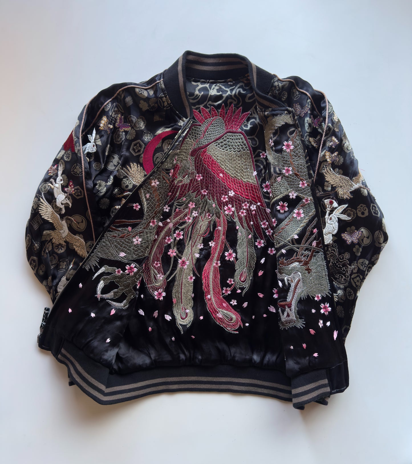 Miyabi Musubi Reversible Dragon Phoenix Sukajan Jacket XL Sakura Embroidery, Black Bronze Japanese Souvenir Bomber with Cranes Rabbits Shishi