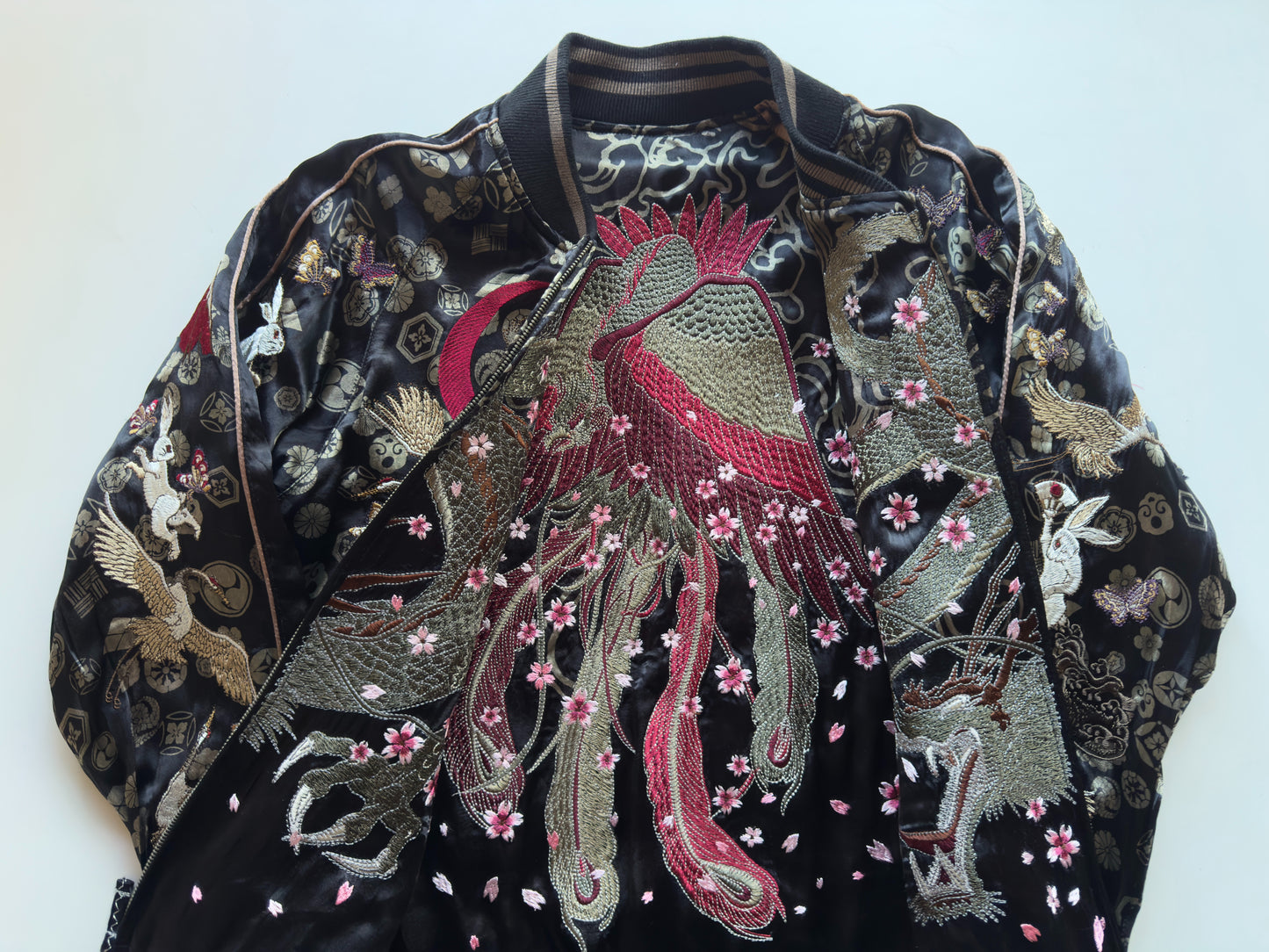 Miyabi Musubi Reversible Dragon Phoenix Sukajan Jacket XL Sakura Embroidery, Black Bronze Japanese Souvenir Bomber with Cranes Rabbits Shishi