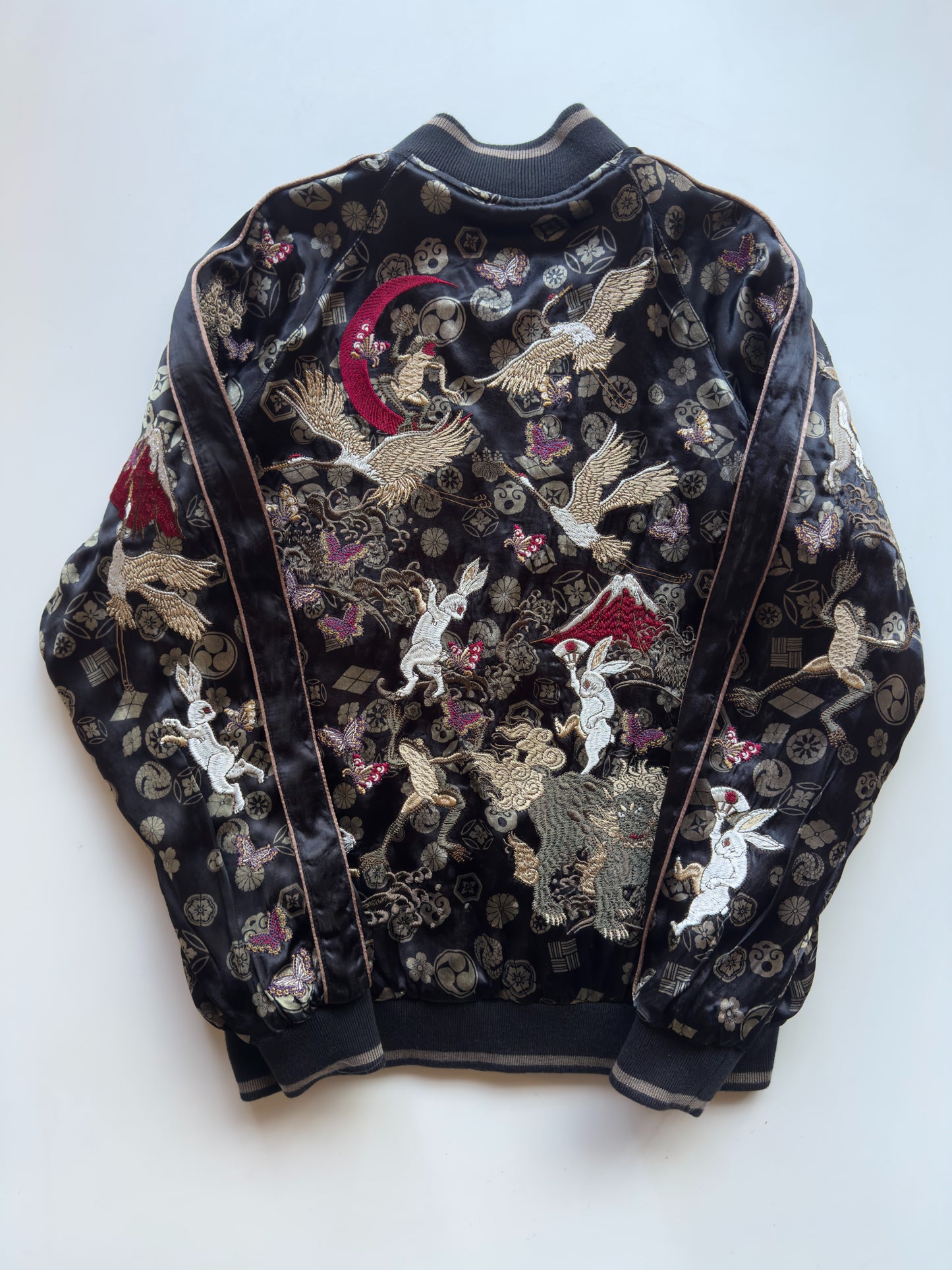 Miyabi Musubi Reversible Dragon Phoenix Sukajan Jacket XL Sakura Embroidery, Black Bronze Japanese Souvenir Bomber with Cranes Rabbits Shishi