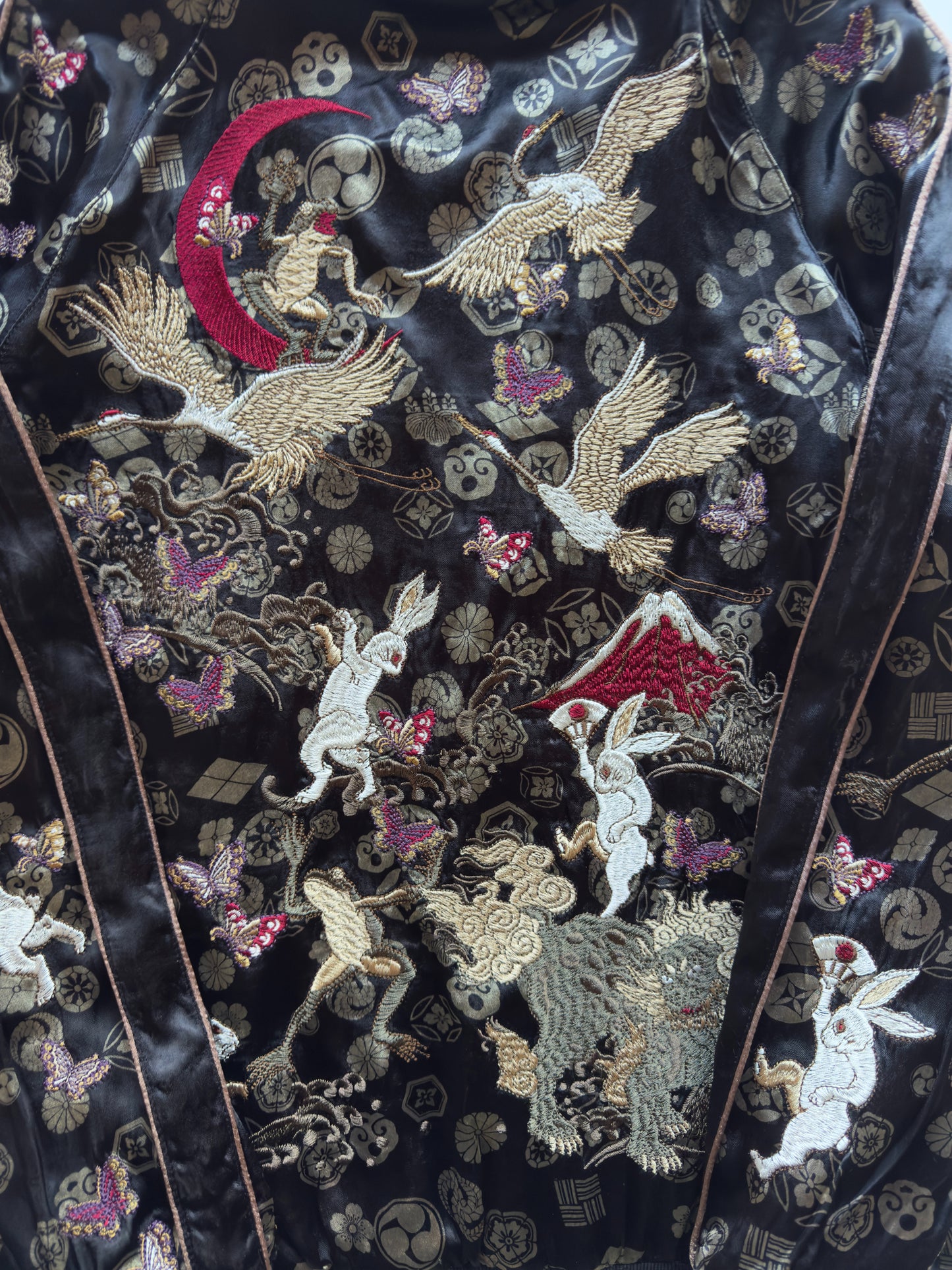 Miyabi Musubi Reversible Dragon Phoenix Sukajan Jacket XL Sakura Embroidery, Black Bronze Japanese Souvenir Bomber with Cranes Rabbits Shishi