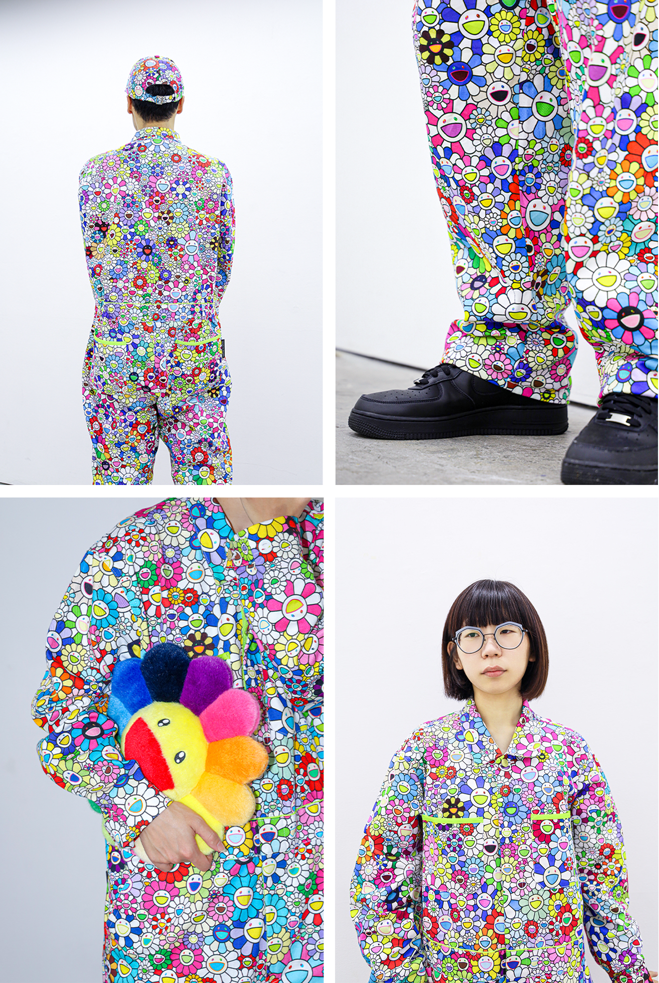 Takashi Murakami Tonari no Zingaro Multi-Color Flowers Cotton Jumpsuit L Kaikai Kiki Smiling Flower All-Over Print