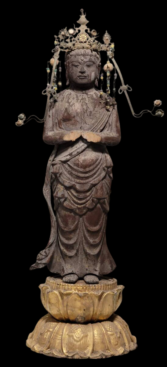 Museum Grade Standing Seishi Bosatsu (Mahasthamaprapta) Wood Sculpture with Jeweled Crown | Kamakura–Muromachi Taste | 35.9cm