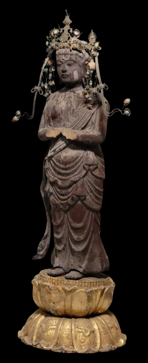 Museum Grade Standing Seishi Bosatsu (Mahasthamaprapta) Wood Sculpture with Jeweled Crown | Kamakura–Muromachi Taste | 35.9cm