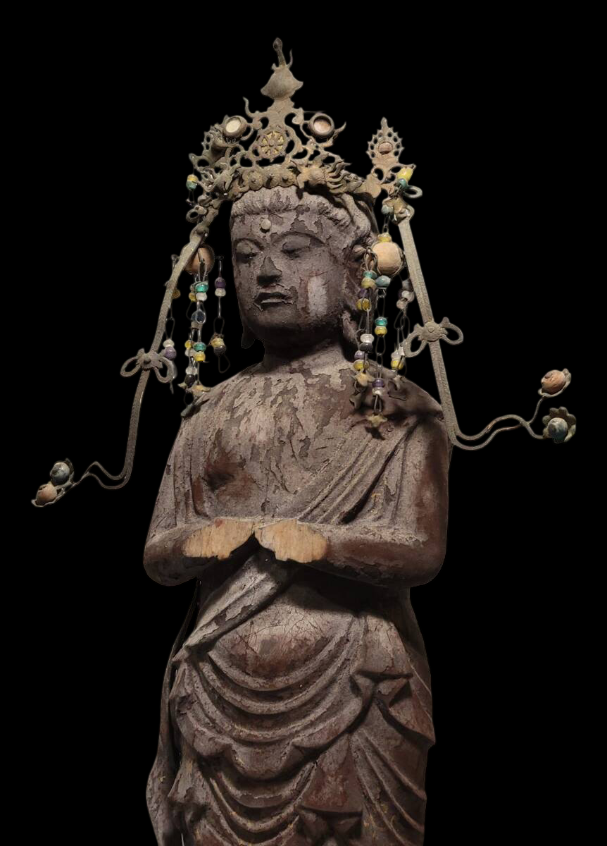 Museum Grade Standing Seishi Bosatsu (Mahasthamaprapta) Wood Sculpture with Jeweled Crown | Kamakura–Muromachi Taste | 35.9cm