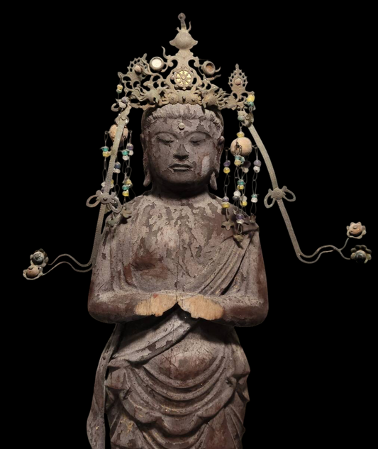 Museum Grade Standing Seishi Bosatsu (Mahasthamaprapta) Wood Sculpture with Jeweled Crown | Kamakura–Muromachi Taste | 35.9cm