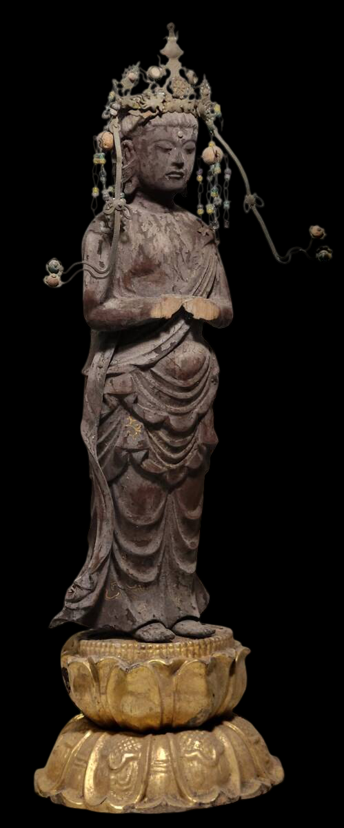 Museum Grade Standing Seishi Bosatsu (Mahasthamaprapta) Wood Sculpture with Jeweled Crown | Kamakura–Muromachi Taste | 35.9cm