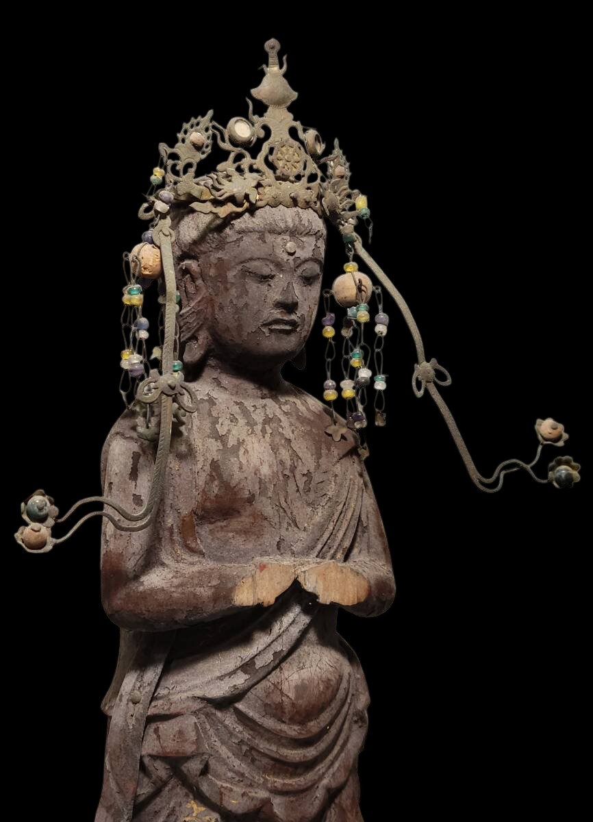 Museum Grade Standing Seishi Bosatsu (Mahasthamaprapta) Wood Sculpture with Jeweled Crown | Kamakura–Muromachi Taste | 35.9cm