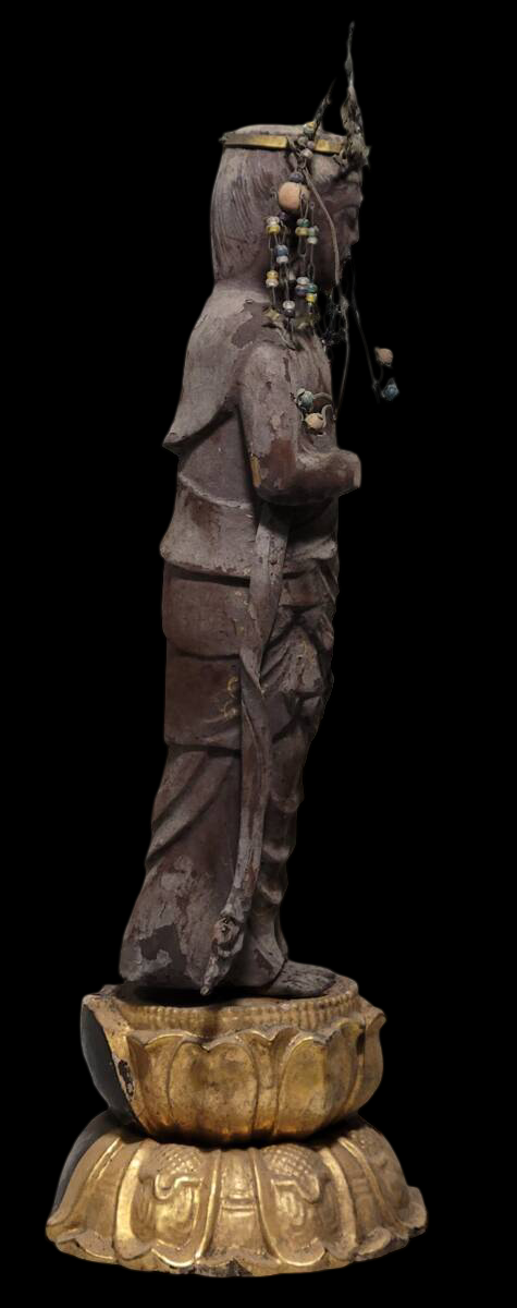 Museum Grade Standing Seishi Bosatsu (Mahasthamaprapta) Wood Sculpture with Jeweled Crown | Kamakura–Muromachi Taste | 35.9cm